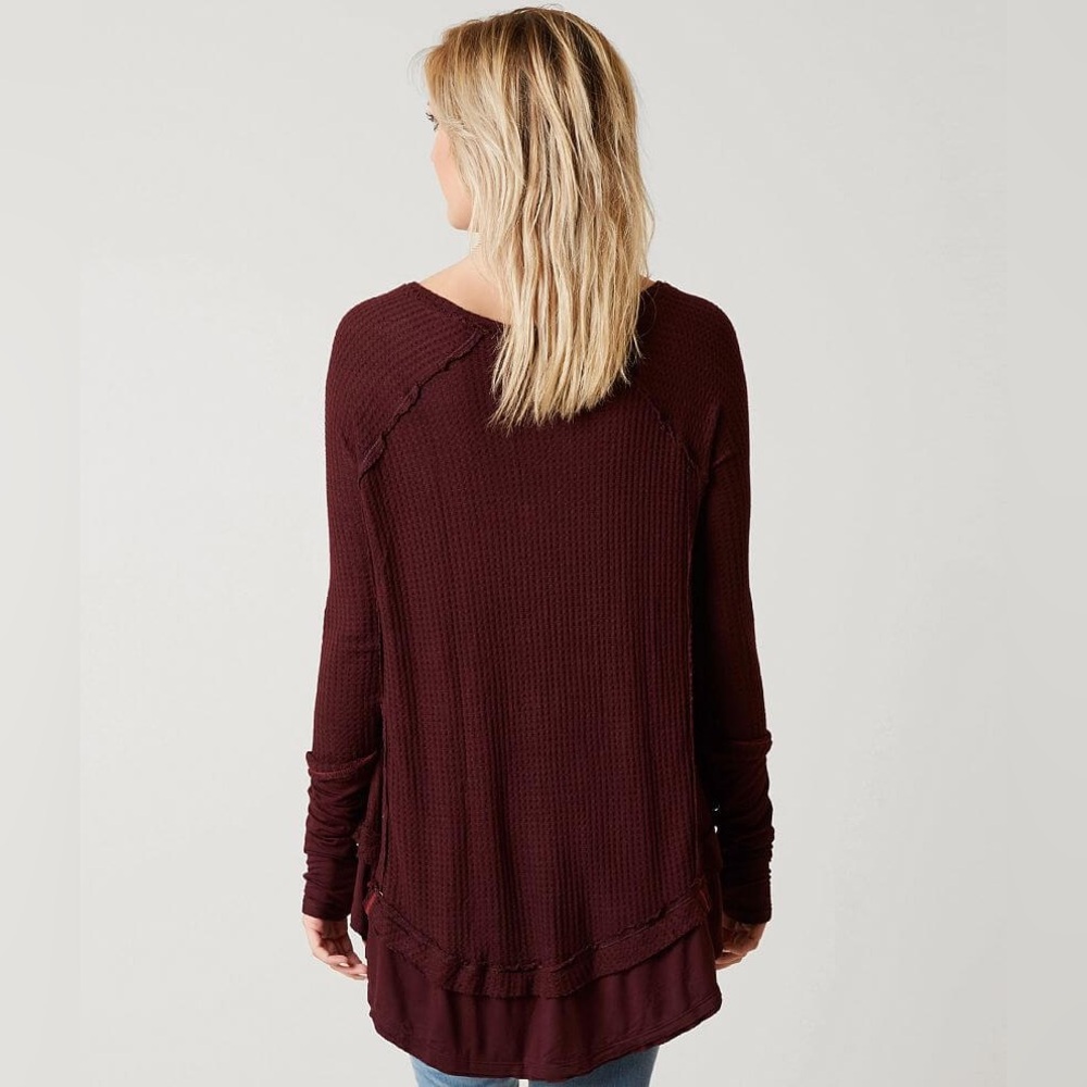 We The Free Laguna Thermal Top Deep Burgundy V-Neck Layered Boho Knit Top Med - Picture 2 of 7